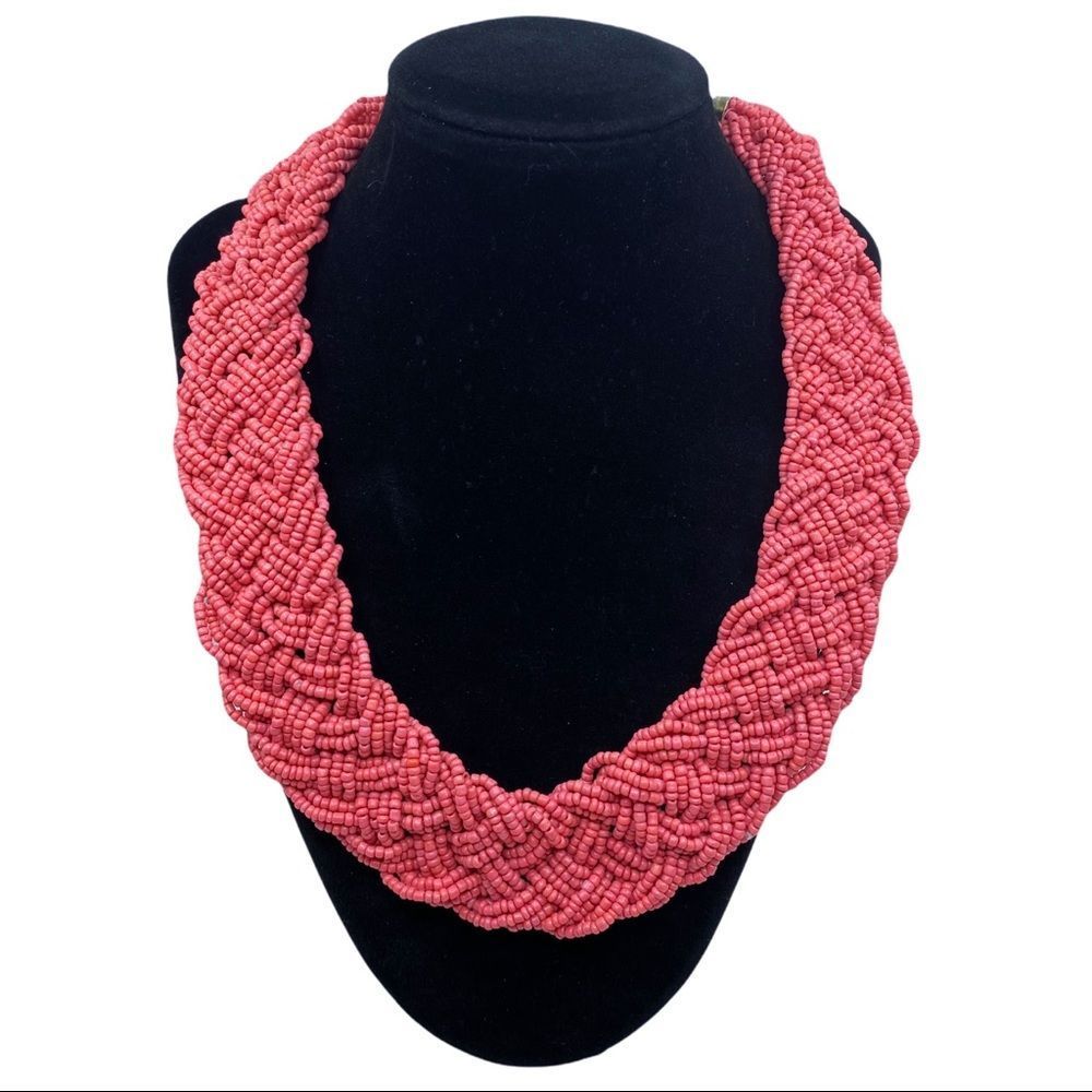 Bright Pink Braided Seed Bead Statement Necklace - 16”